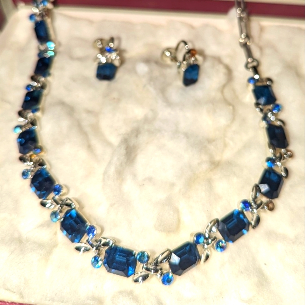Blue Sapphire and Silver Tone Necklace and earrings